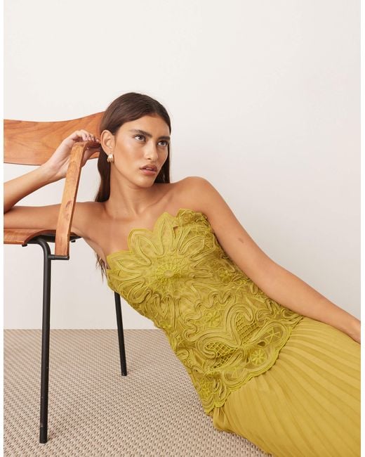 ARRANGE Yellow Abstract Cutwork Bandeau Maxi Dress With Pleated Skirt