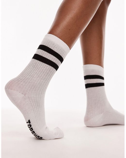 TOPSHOP White Sporty Ribbed Socks With Black Stripes