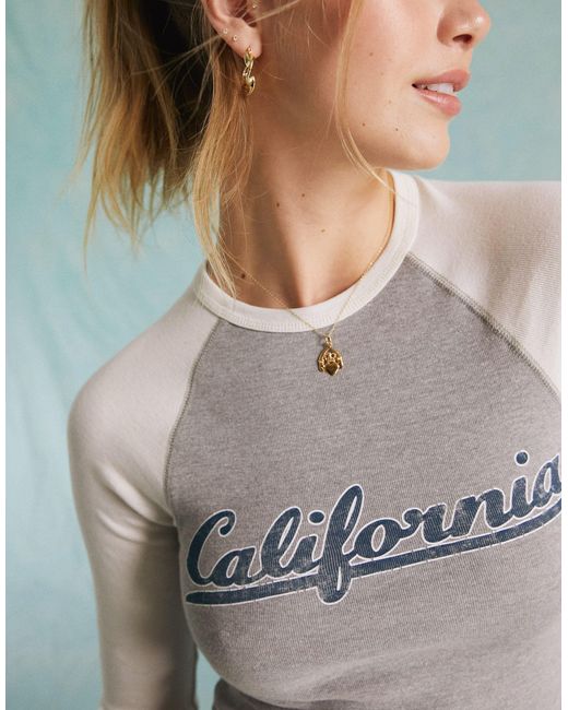 Miss Selfridge Gray Raglan California Graphic Long Sleeve Top