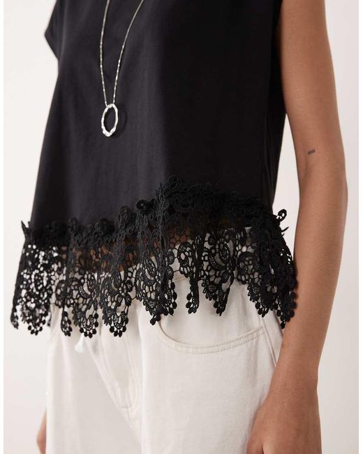Mango Black 100% Cotton Embroidered Hem T-Shirt