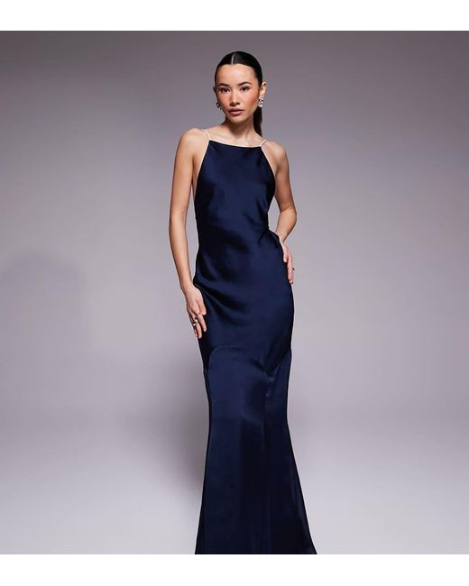 ASOS Blue Asos Design Petite High Neck Satin Bias Fishtail Maxi Dress