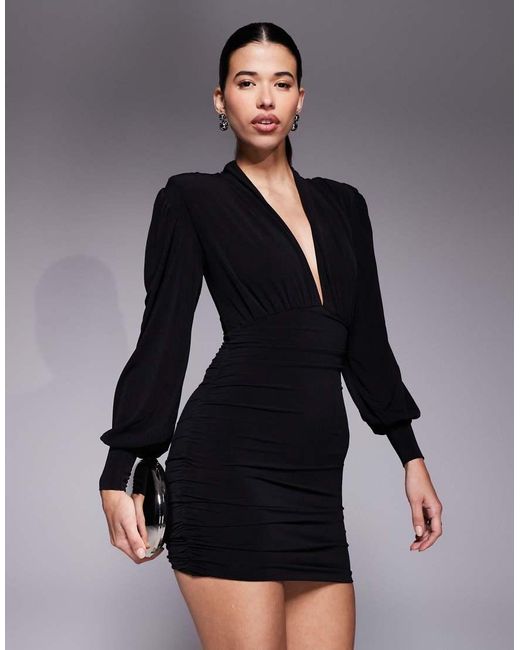 Ruched & Ready Blue Focus On Me Removable Shoulder Pad Detail Sculpting Plunge Neck Balloon Sleeve Mini Dress