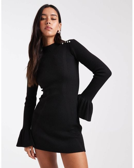 The Frolic Exclusive Ribbed Knit Pearl Detail Flare Sleeve Mini Dress in  Black | Lyst