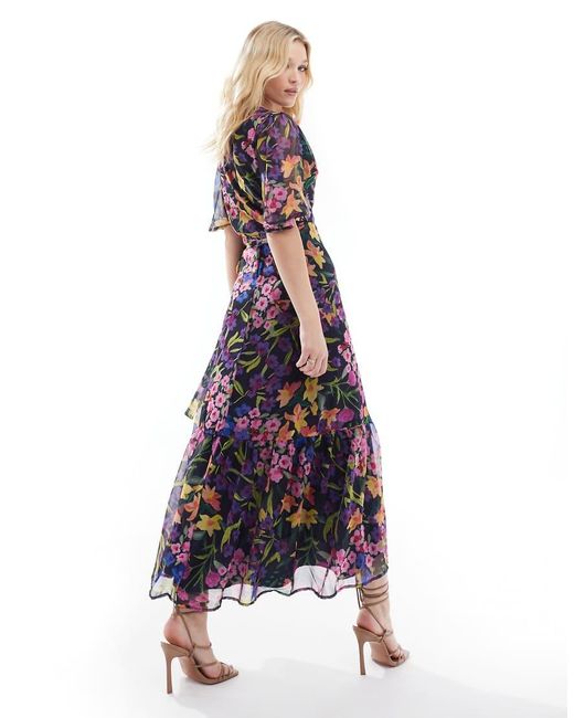 Hope & Ivy Blue Flutter Sleeve Maxi Wrap Dress With Tie Waist