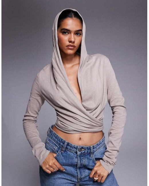I.AM.GIA Gray Irina Knitted Plunge Neck Hooded Wrap Top