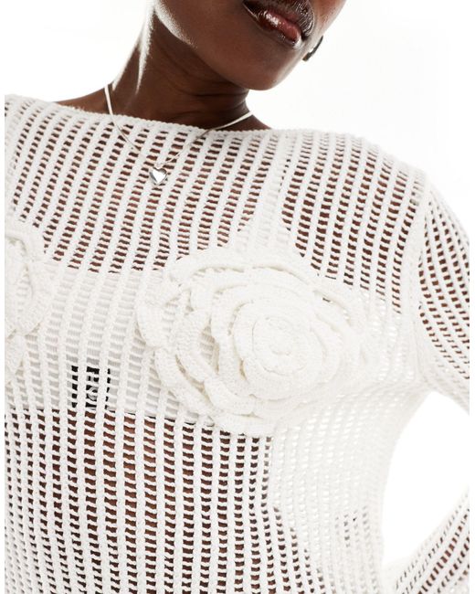 Monki White Long Sleeve Crochet Top With Rose Detail