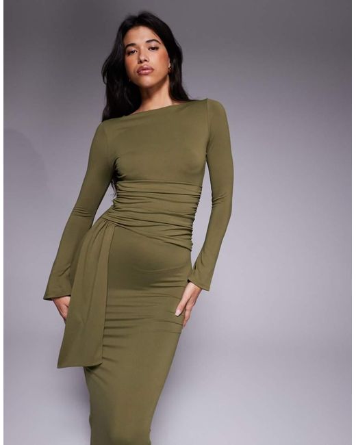ASOS Red Long Sleeve Wrap Waist Detail Midi Dress