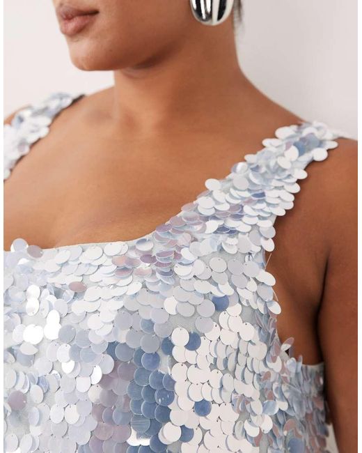ARRANGE White Curve Embellished Disc Sequin Square Neck Full Skirt Midi Dress