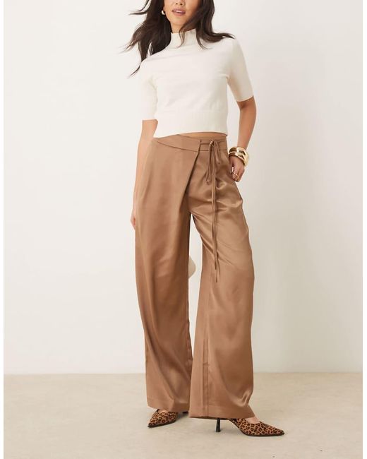 ASOS Natural Wrap Tie Wide Leg Satin Trousers