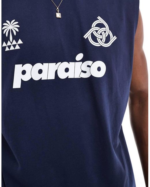Camiseta Azul Marino Extragrande Sin Mangas Con Estampado Gráfico Deportivo De ASOS de hombre de color Blue