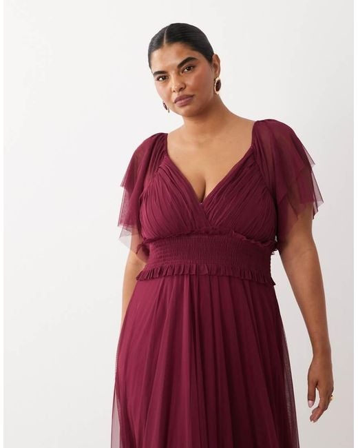 Lace & Beads Plus Bridesmaid Shirred Waist V Neck Mesh Flutter Sleeve Maxi Dress