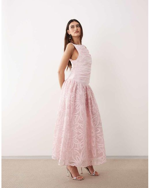 ARRANGE Pink Embroidered Drop Waist Low Back Maxi Dress