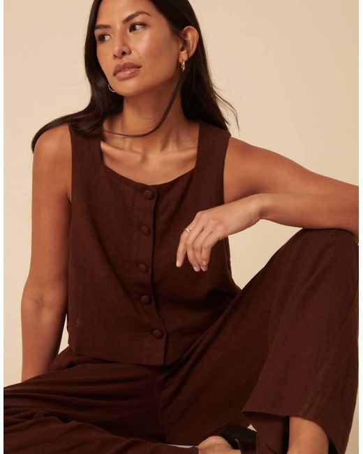 Nobody's Child Brown Linen-Blend Button Front Top