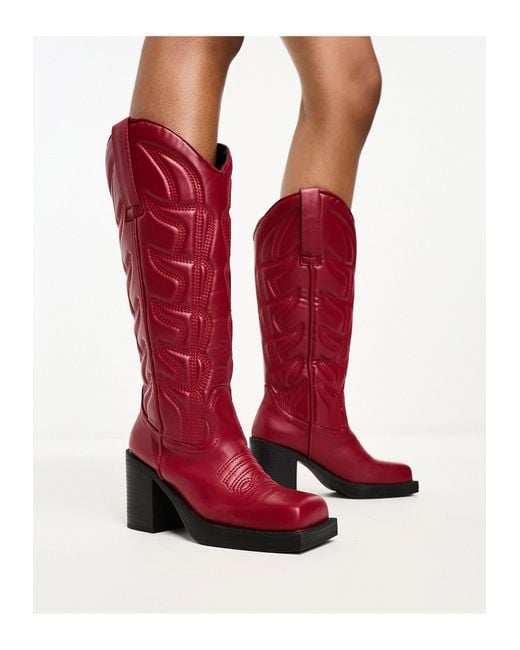 Daisy Street Red Square Toe Western Knee Boots