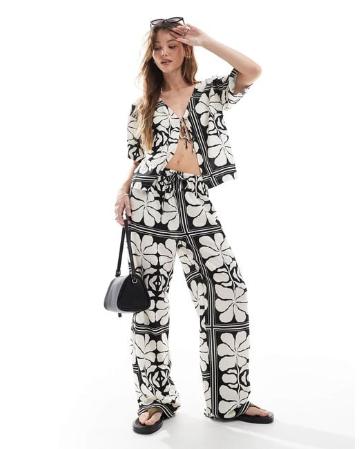 4th & Reckless White Linen Blend Tie Waist Beach Trouser Co-ord