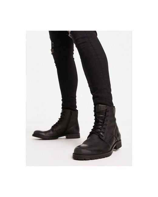 jack & jones clean leather lace up boot in black