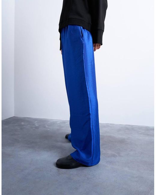 TOPSHOP Blue Textured Satin Straight Leg Trouser