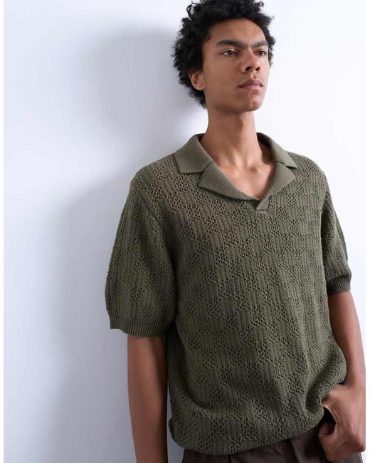 Topman White Knitted Check Crochet Polo for men