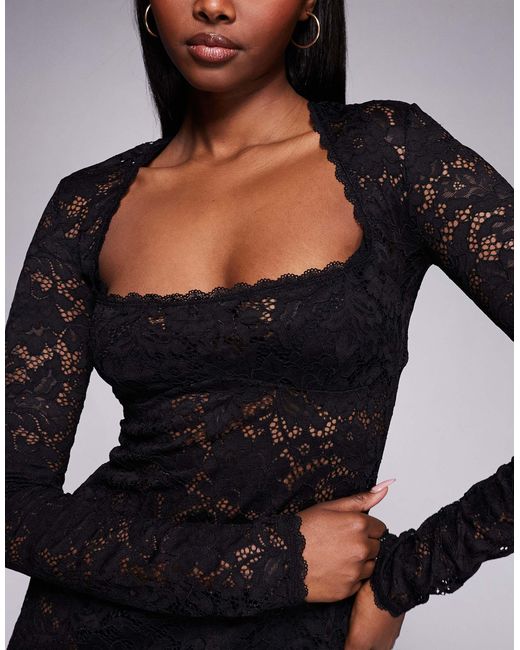 Oh Polly Lace Square Neck Long Sleeve Mini Dress in Black | Lyst