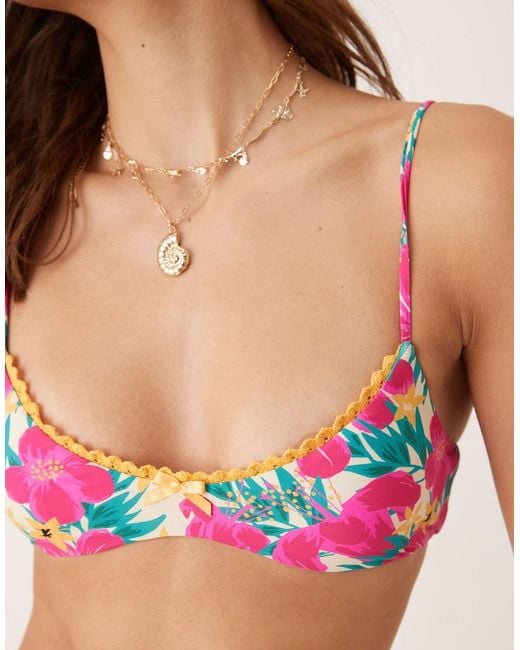 Wild Lovers Red Ohana Floral Print Bikini Top With Contrast Lace