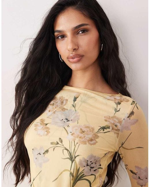 ASOS Natural Mesh Slinky Long Sleeve Top With Flare Sleeve Detail
