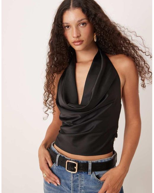 Gina Tricot Black Satin Drape Halterneck Top