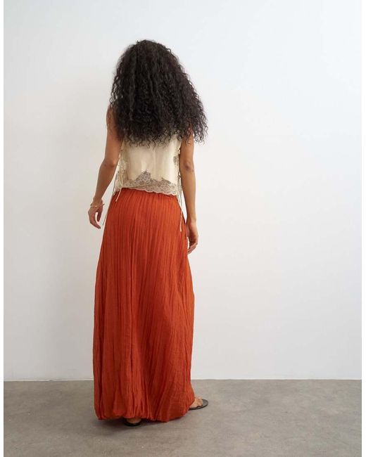 TOPSHOP Red Tie Detail Crinkle Bubble Hem Maxi Skirt