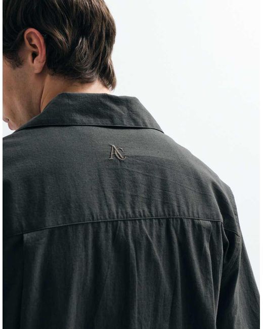 ASOS COLLECTIVE Black Relaxed Cotton Embroidered Shirt With Linen for men