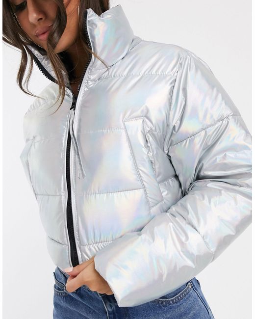 ASOS Holographic Puffer Coat With Zip Off Waist in Metallic | Lyst