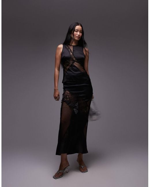 TOPSHOP Black Satin And Lace Mix Sleeveless Top