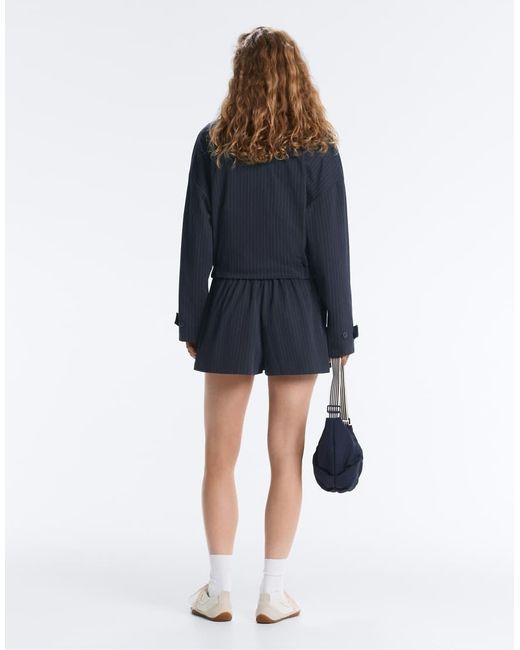 Oysho Blue Pinstripe Piqué Polo Neck Jacket With Cotton