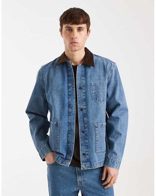 Redefined Rebel Blue Wallace Denim Utility Style Jacket With Contrast Collar for men