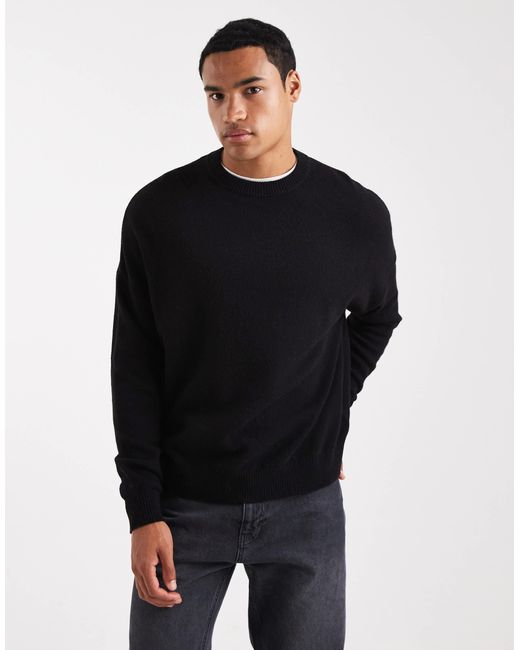 ASOS Black Oversized Knitted Wool-blend Crew Neck Jumper for men