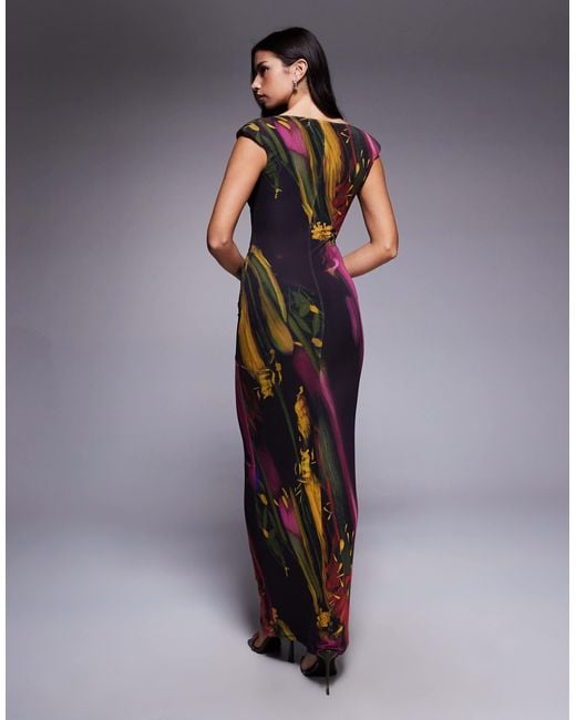 ASOS Blue – netzstoff-midikleid mit dunklem, verschwommenem blumenprint, wasserfallausschnitt und schulterpolstern
