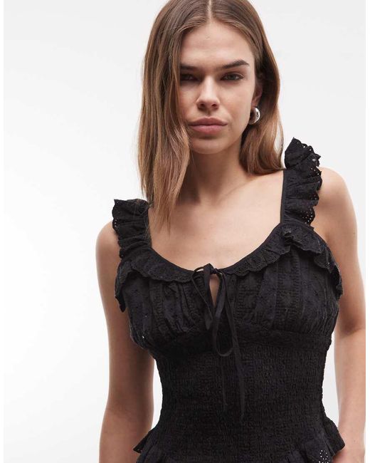 Reclaimed Vintage Black Cotton Rich Lace Trim Top