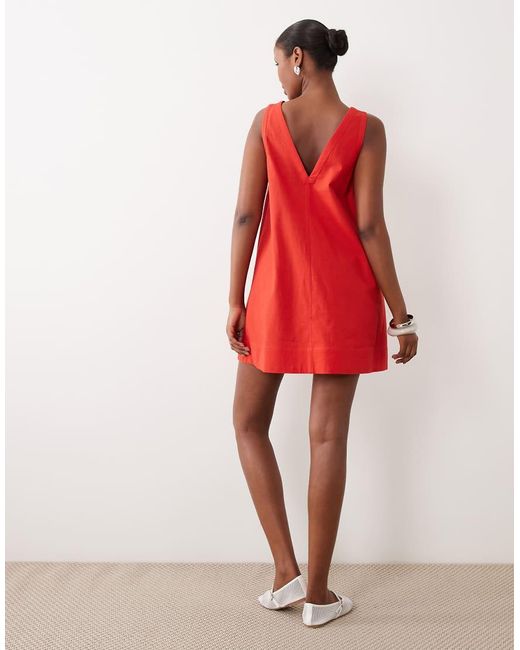 ASOS Red Cotton Linen V Neck Smock Mini Dress