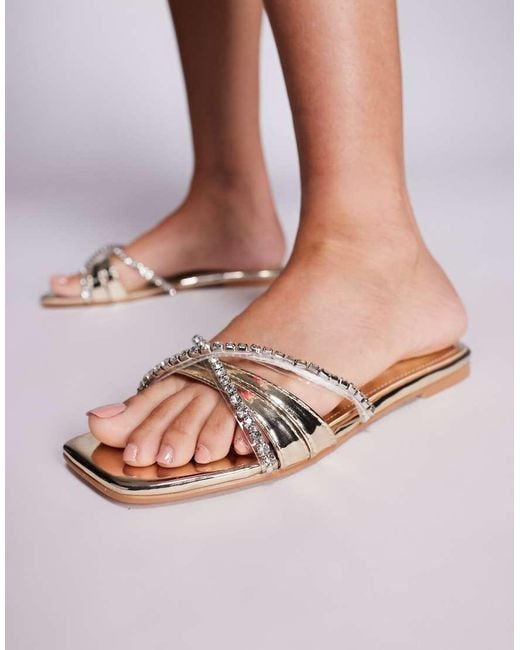 SIMMI Metallic Astana Mirror Diamante Flat Sandals