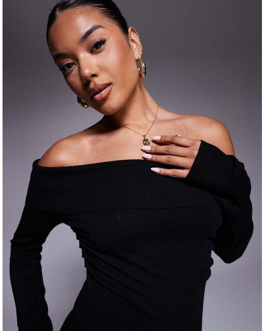 Kaiia Black Exclusive Ribbed Bardot Knitted Side Split Mini Dress
