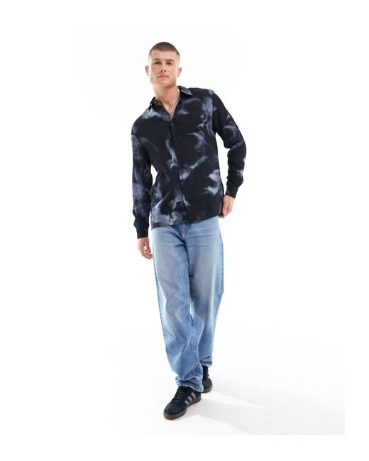 Camicia a maniche lunghe navy con stampa inchiostro di River Island in Blue da Uomo