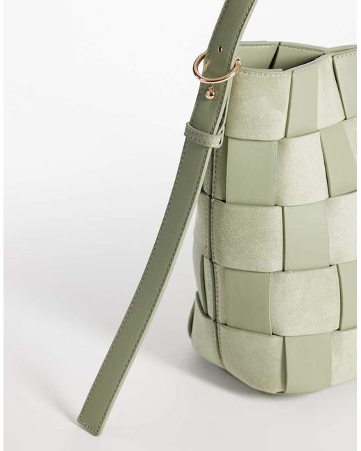 ASOS White Faux Suede And Faux Leather Weave Bucket Tote Bag