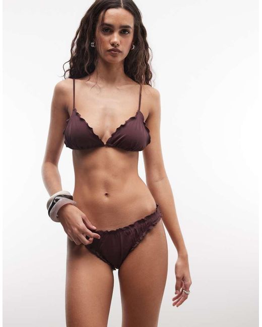 Weekday Brown Tie Front Frilly Triangle Bikini Top