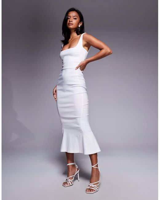 Vesper Petite Blue Bengaline Sleeveless Square Neck Fishtail Midi Dress