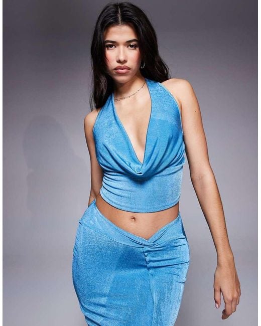 Missy Empire Blue Slinky Deep Cowl Neck Top Co-Ord