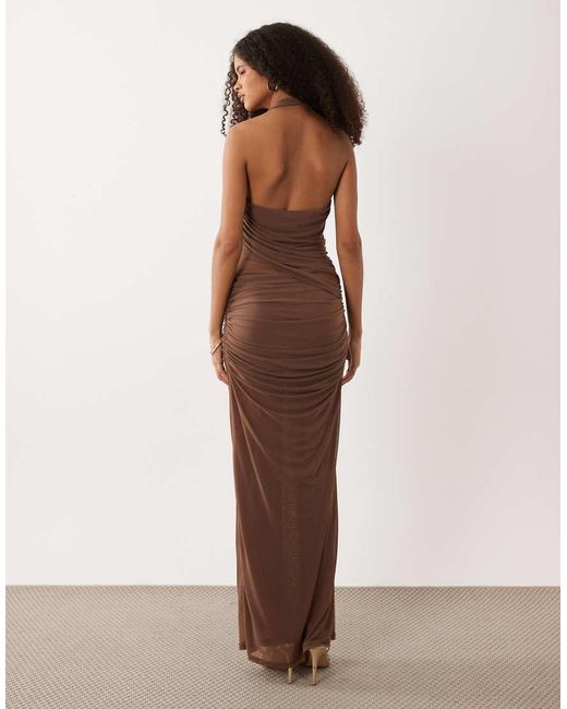 SNDY'S Brown Halterneck Mesh Insert Drape Detail Maxi Dress