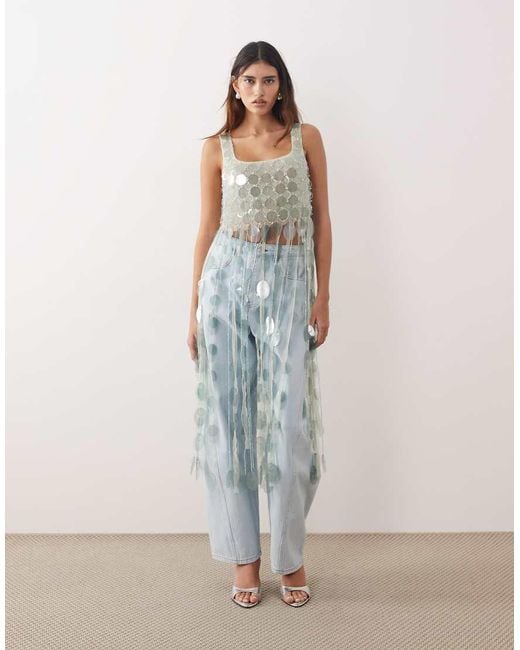 ARRANGE Blue Futurist Sequined Crop Top With Long 3d Fringe Hem