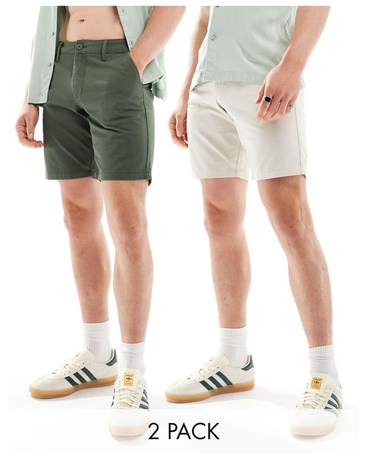 Confezione da 2 pantaloncini chino elasticizzati slim kaki e color pietra di ASOS in Green da Uomo