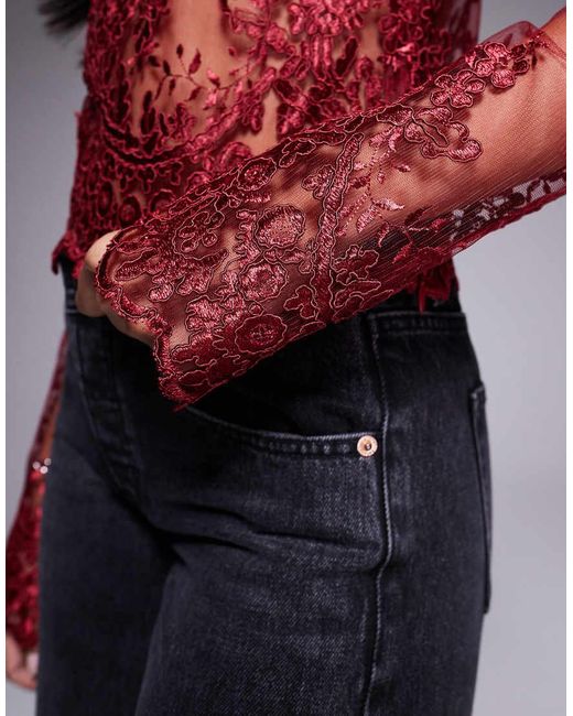 ASOS Red Embroide Long Sleeve Sheer Scalloped Hem Top