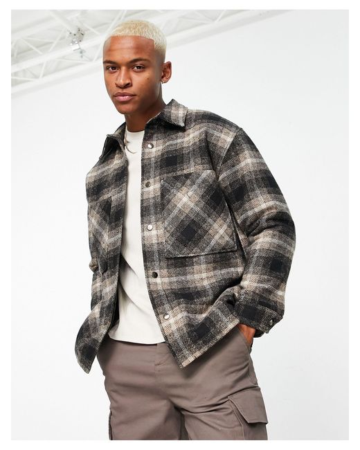 Bershka Faux Wool Oversized Check Shirt Jacket in Gray for Men Lyst