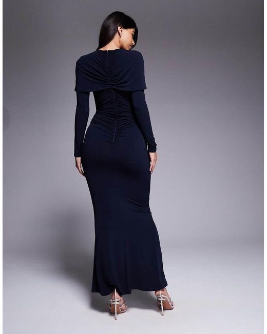 DASKA Blue Slinky Ruched Cape Detail Maxi Dress