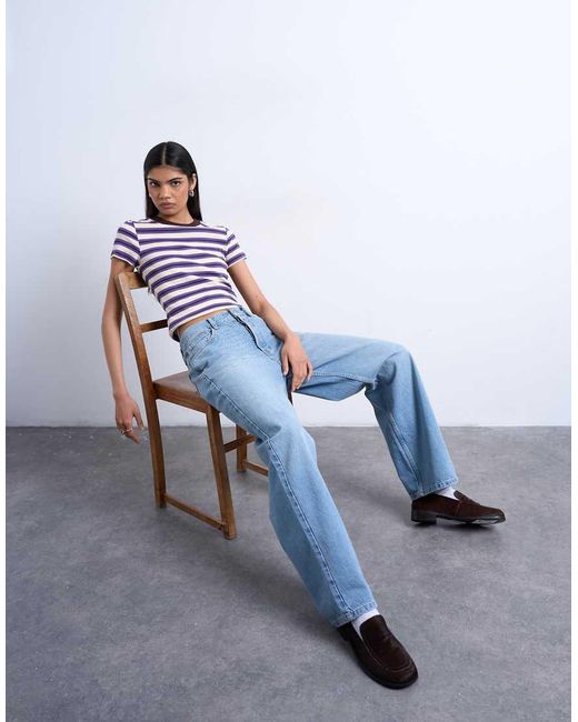 TOPSHOP Blue Stripe Rib Short Sleeve Tee